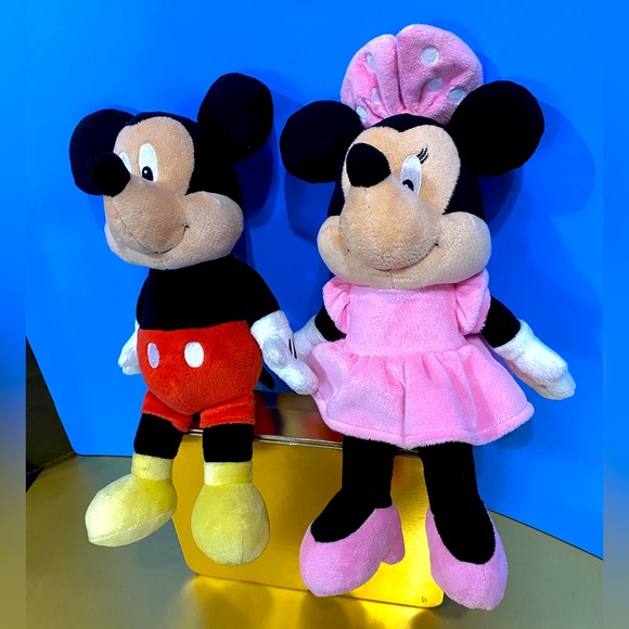 DISNEY BABIES MICKEY MOUSE & MINNIE MOUSE PLUSH RATTLE INSIDE CRINKLE BOW & EARS - Picture 1 of 14